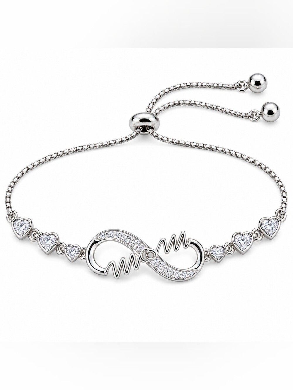 Silver Infinity Heart CZ Adjustable Bracelet